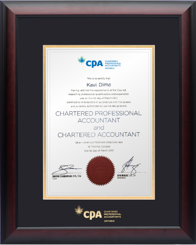 Satin mahogany wood frame with double mat board (BLK/GLD) for VERTICAL CPA-CA Ontario designation